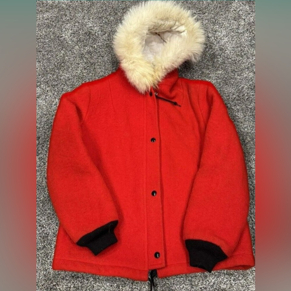 HUDSON’S BAY- Vintage Iconic Igloo Red Wool Parka with Fur Hood
